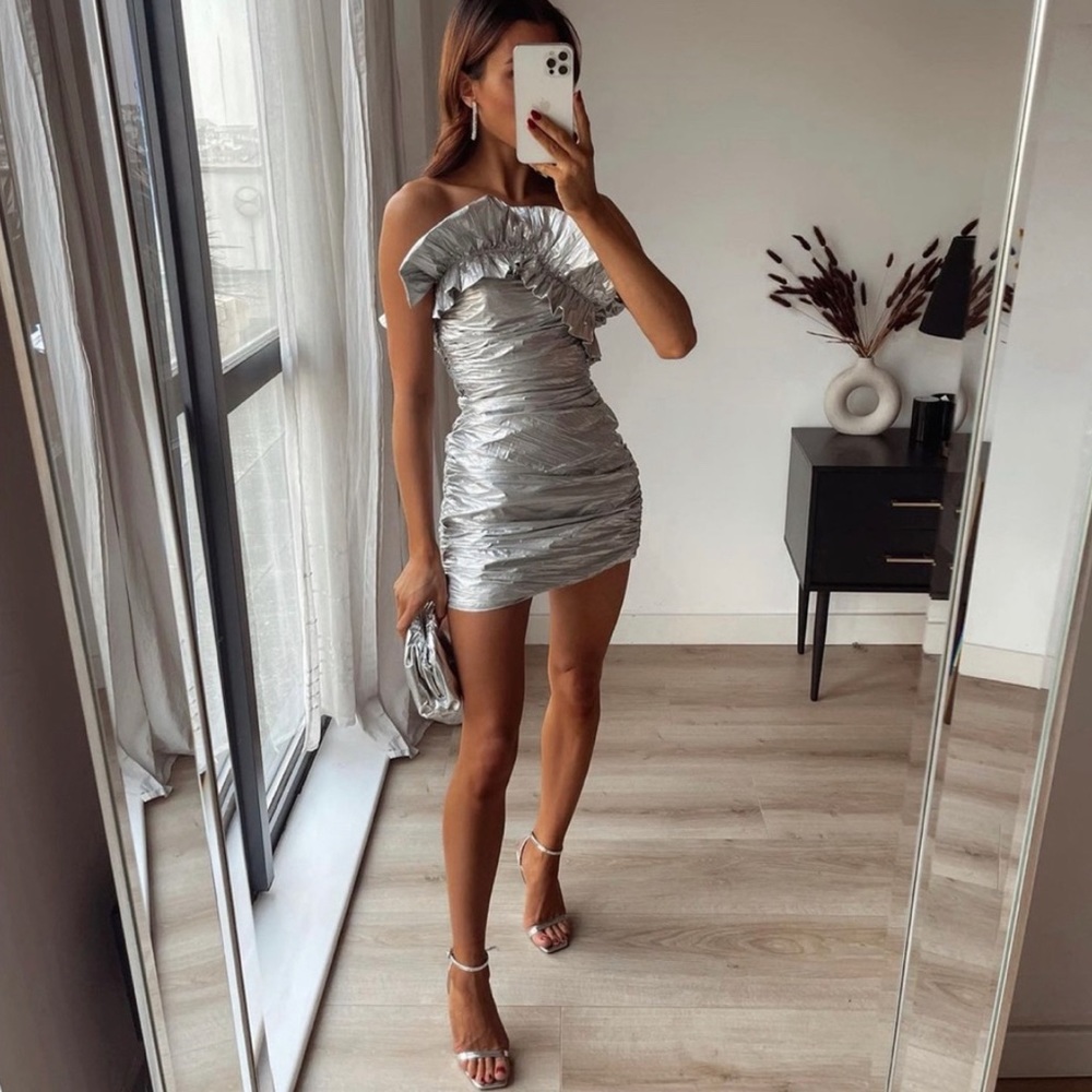 Zara silver metallic mini dress with ruffles